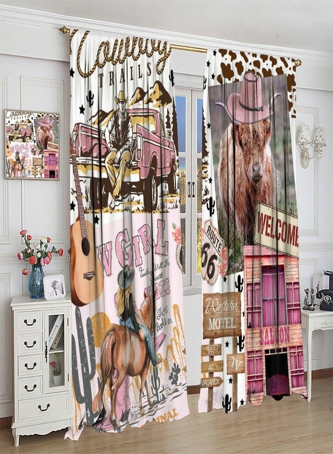 AAVEUP Cowboy Curtains for Kids,Rural Pink Western Desert Highland Cow Railway Cactus Cowboy Women Guitar Window Drapes Print for Girls Bedroom Living Room 42x45in（No Blackout） - Image 4
